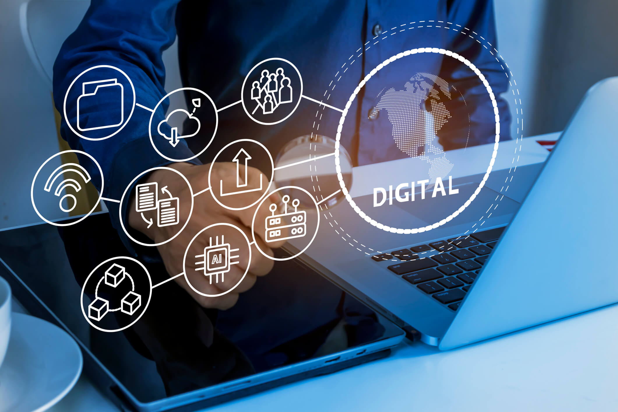 Businessmen use mobile phones in the digital technology world, using online systems to share information and send news.